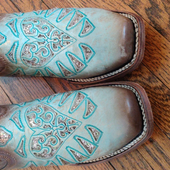 Corral Mint Turquoise and Gold Glitter Heart Square Toe Sophie Cowboy Boots - Picture 7 of 7